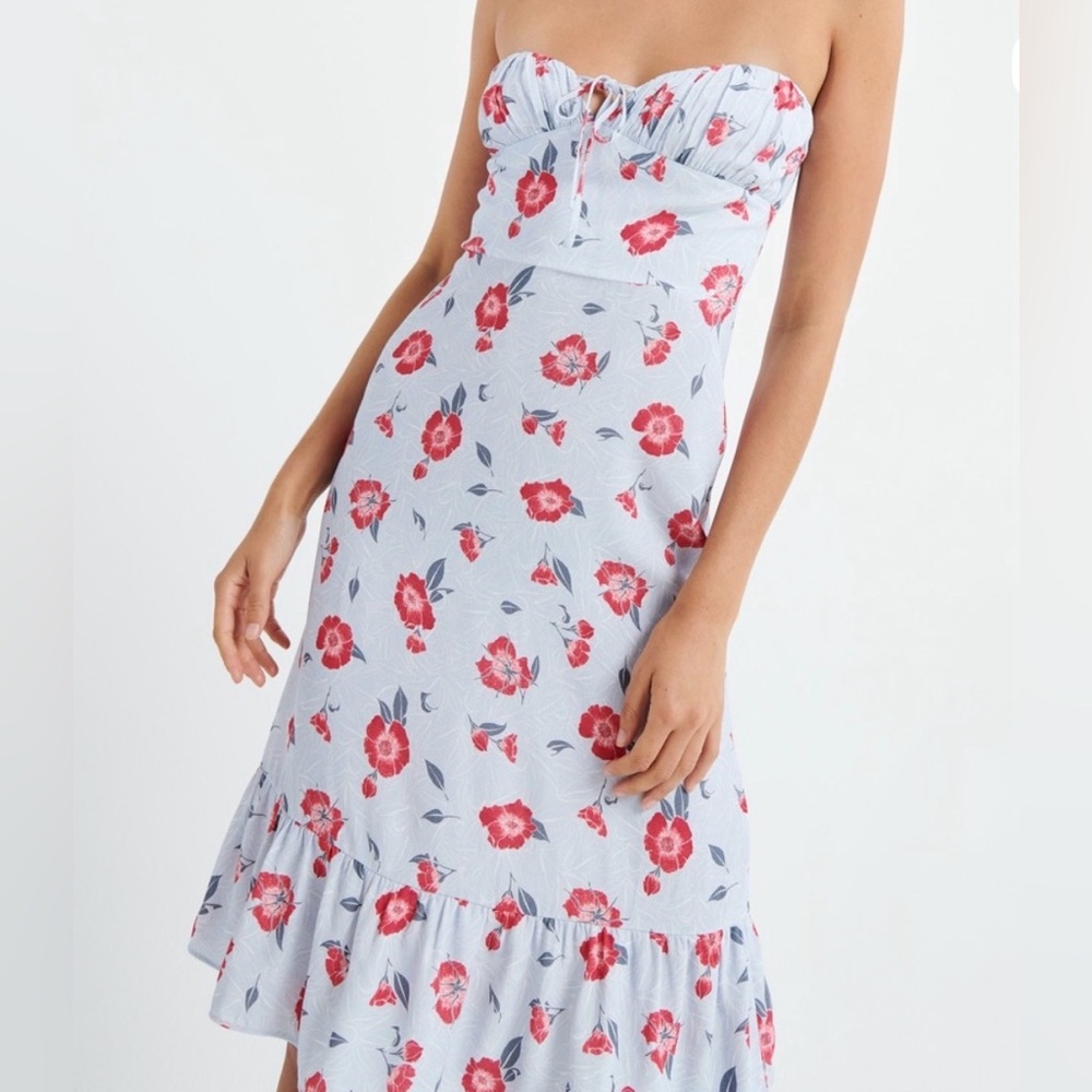 Aritzia Sunday Best Brinley Light Blue Mini Dress with Red Floral Print Size M